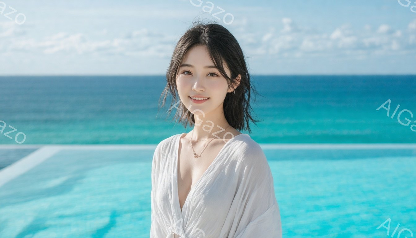 長い黒髪の女性が、白い透け感のあるブラウスと金のネックレスを身につけ、プールサイドで微笑んでいます。彼女はリラックスした姿勢で、視線をカメラに向けて穏やかな表情を浮かべています。背景にはターコイズブルーの海と白い雲が広がり、晴れた日のリゾート地の雰囲気を感じさせます。