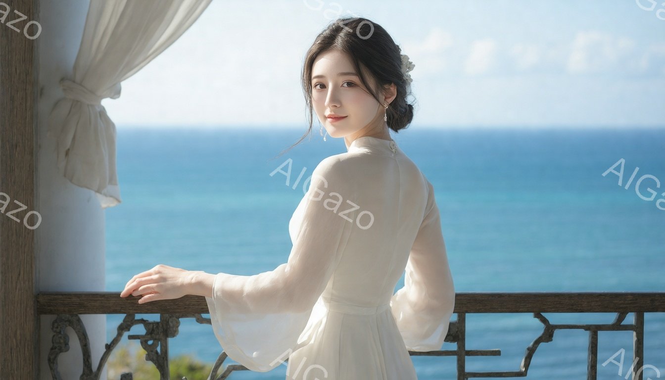 白いロングドレスを着た女性が、バルコニーの手すりに寄りかかり、海を眺めている。彼女は髪を後ろでまとめ、控えめなイヤリングを身につけており、穏やかな微笑みを浮かべている。背景には青い海と空が広がり、明るい日差しが差し込み、穏やかでロマンチックな雰囲気を醸し出している。