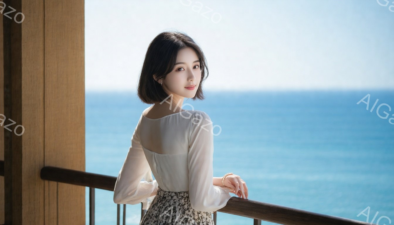 ショートヘアの女性がバルコニーの手すりに寄りかかり、穏やかな微笑みを浮かべている。白いブラウスと花柄のスカートを身につけ、左手にはブレスレットをつけている。背景には青い海が広がり、晴天の下、リラックスした穏やかな雰囲気が漂っている。