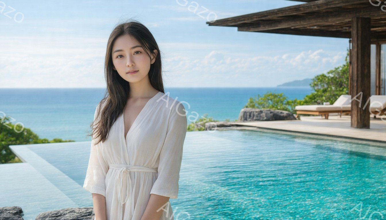 長い黒髪をなびかせ、薄いベージュ色のラップドレスを着た女性が立っている。彼女は穏やかな微笑みを浮かべ、リゾートのインフィニティプールを背景に、リラックスした姿勢でカメラを見つめている。背景には青い海と緑豊かな植物が広がり、晴れた空とプールが作り出す静かで贅沢な雰囲気が漂っている。