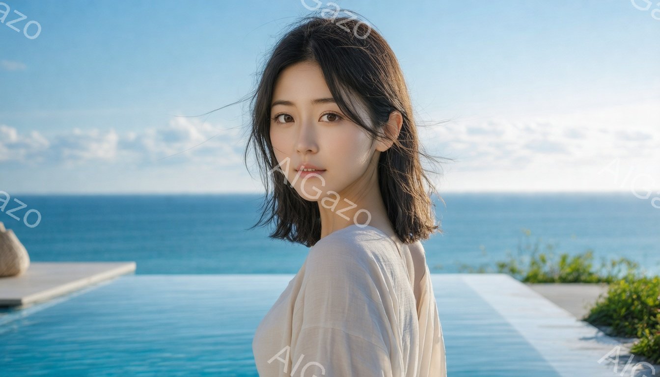 ショートヘアの女性が、肩から見える淡いベージュのシャツを着ています。彼女はわずかに横を向き、穏やかな微笑みを浮かべており、背景には青い海とプール、緑の草が生い茂る様子が見えます。晴天で、リゾート地のような開放的な雰囲気です。