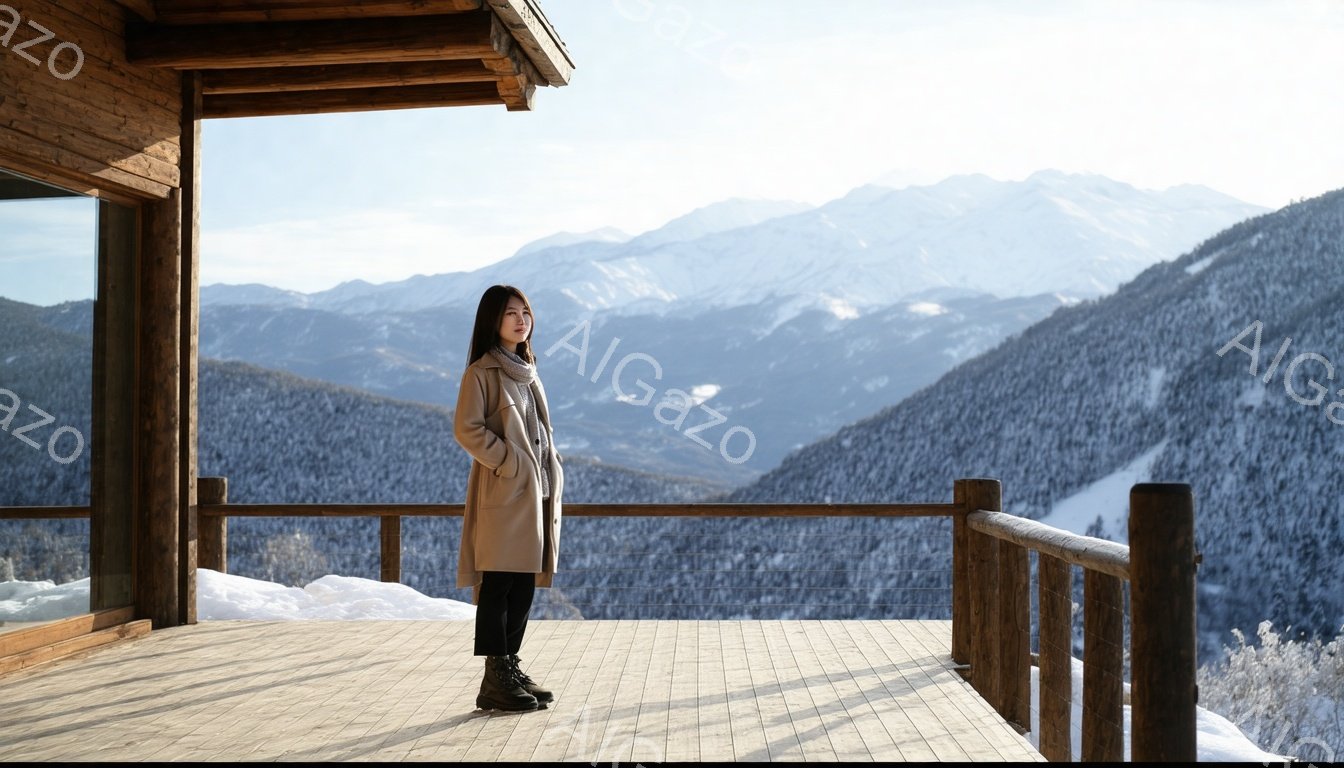 長いベージュ色のコートを羽織り、黒いブーツを履いた若い女性が、木のデッキの上に立っています。彼女は少し微笑んでいて、遠くの雪山を見つめています。背景には、雪に覆われた山々が広がり、スキー場の一部も見え、冬の穏やかな雰囲気を醸し出しています。