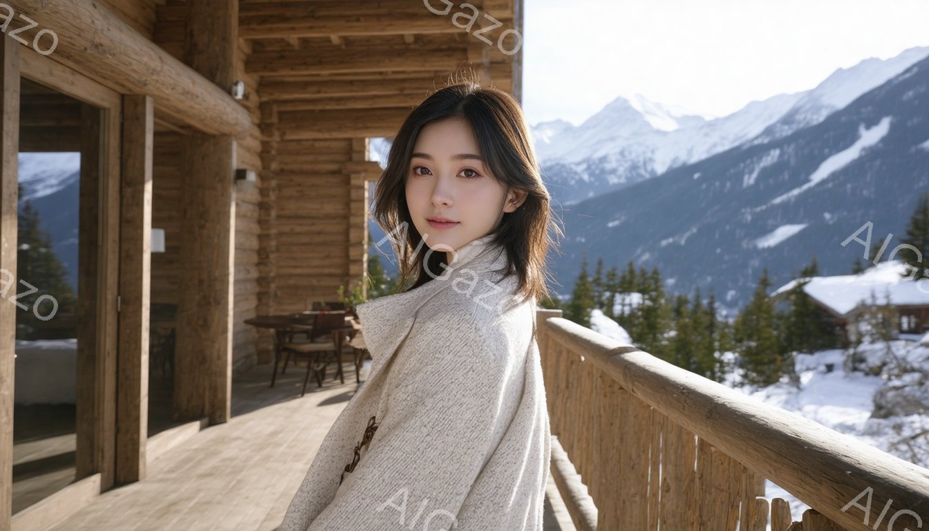 長い黒髪の女性が、ベージュ色のざっくりとしたニットカーディガンを着てバルコニーに立っている。彼女は穏やかな微笑みを浮かべ、視線はカメラに向いている。背景には雪を抱いた山々、緑の針葉樹林、そして木造の建物が見え、冬の穏やかな雰囲気を醸し出している。