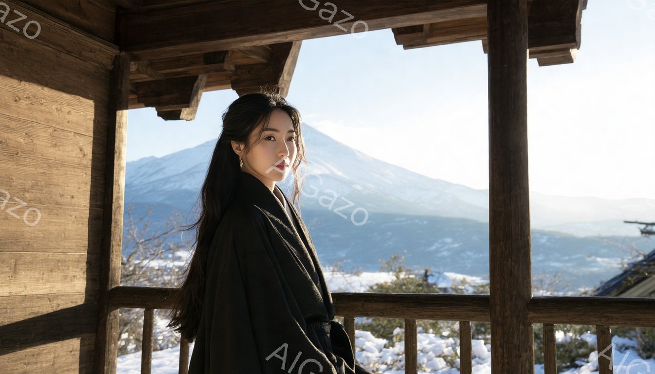 長い黒髪を後ろに垂らし、黒い着物を羽織った女性が木造の回廊に立っている。彼女はやや横を向き、遠くの雪景色を静かに見つめている。背景には、雪をまとった富士山と、日本の伝統的な屋根を持つ建物が広がり、冬の静寂と自然の美しさを感じさせる。