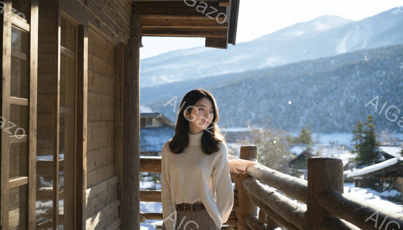 長いダークブラウンの髪を無造作に肩にかける若い女性が、ベージュのタートルネックセーターとチェック柄のスカートを身につけています。彼女は欄干にもたれかかり、遠くの雪山を見つめて穏やかな表情を浮かべています。背景には、雪に覆われた山々と木々、そして木造の建物があり、静かで落ち着いた冬の雰囲気を醸し出しています。