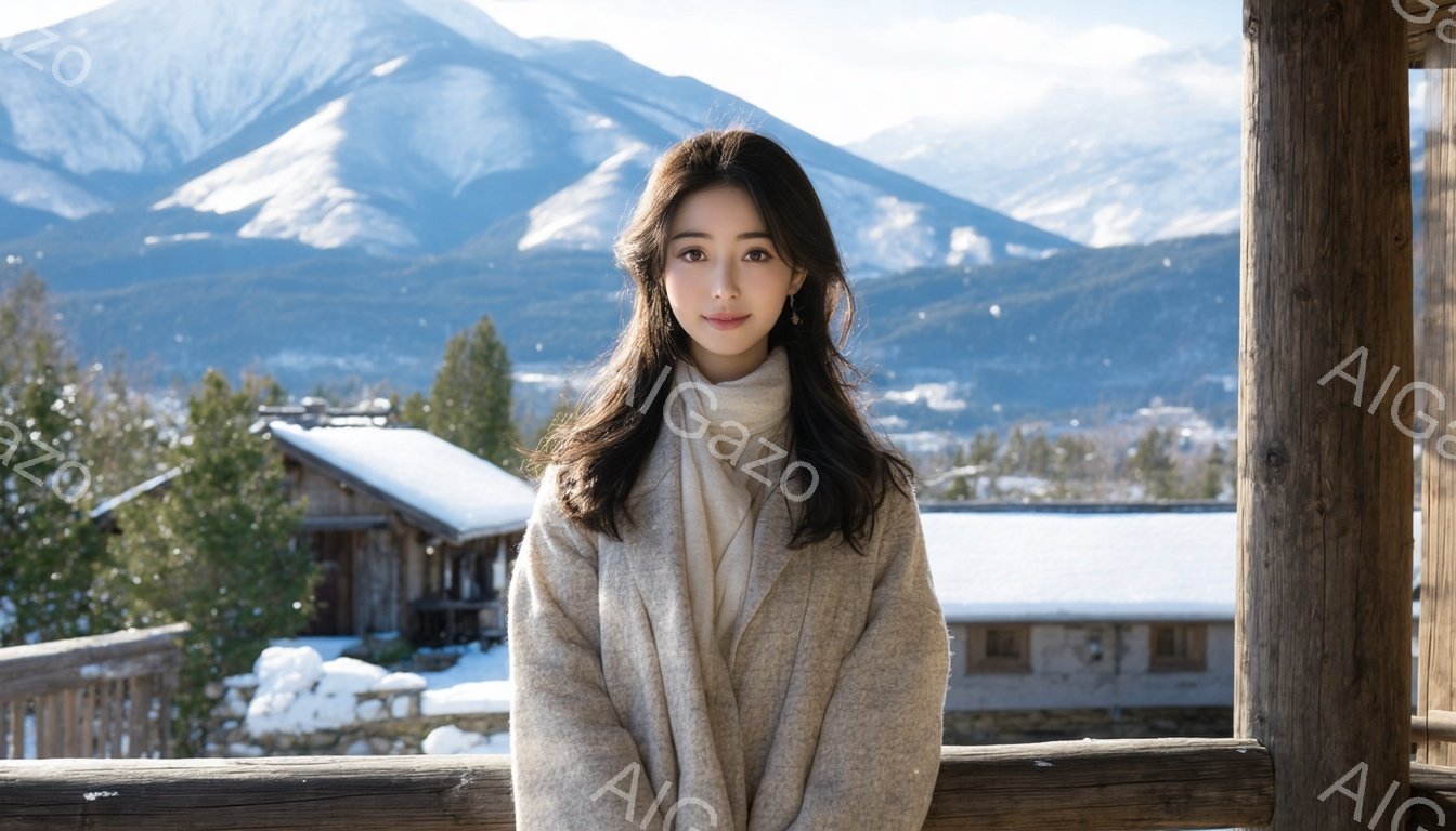 長い黒髪を無造作に肩にかける女性が、クリーム色のニットとコートを身に着けて立っています。彼女は穏やかな微笑みを浮かべ、落ち着いた表情をしています。背景には雪を頂いた山々と、雪に覆われた木造建築が広がり - AI生成フリー素材