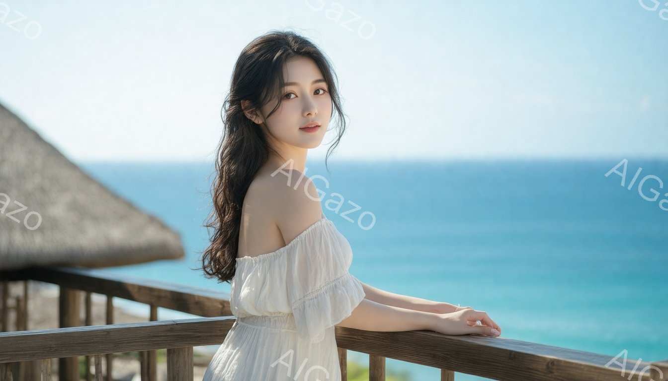 長い黒髪をなびかせ、オフショルダーの白いワンピースを着た若い女性が写っている。彼女は欄干に手を置き、海を眺めて微笑んでいる様子で、表情は穏やかでリラックスしている。背景にはターコイズブルーの海と木製のデッキ、そして茅葺屋根の建物が見え、晴れた日の穏やかな雰囲気が漂っている。