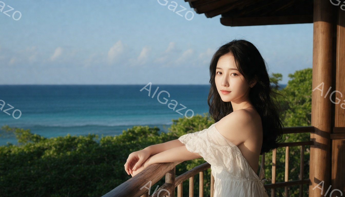 長い黒髪を肩にかける女性が、白いオフショルダーのドレスを着てバルコニーに立っています。彼女は穏やかな微笑みを浮かべ、手すりに肘をついてリラックスした姿勢を見せています。背景には、青い海と緑豊かな植物が - AI生成フリー素材