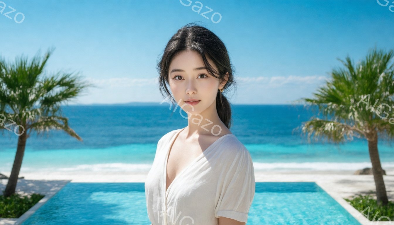 長い黒髪を後ろで一つにまとめた女性が、白いVネックのブラウスを着て微笑んでいます。彼女はプールサイドに立ち、ターコイズブルーの海と白い砂浜が広がるリゾート地を背景にしています。ヤシの木が左右に配置され、晴天の穏やかな雰囲気を醸し出しています。
