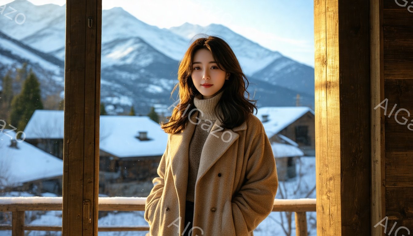 雪景色を背景に、女性がキャメル色のオーバーコートと黒のセーターを着て立っている。彼女は少し微笑んでおり、ゆるやかなウェーブのかかったロングヘアが肩にかかっている。背景には雪に覆われた屋根の家々と、遠くの雪山が広がり、冬の穏やかな雰囲気を醸し出している。