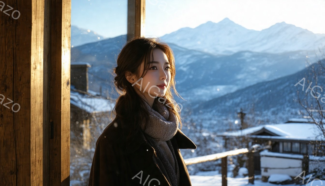 長いダークブラウンの髪を無造作に垂らし、グレーのニット帽とマフラーを巻いた女性が写っている。彼女は少し憂いを帯びた表情で遠くを見つめ、黒いコートを羽織っている。背景には雪景色が広がり、木造の建物や山々がぼんやりと見える冬の静寂な雰囲気が漂っている。