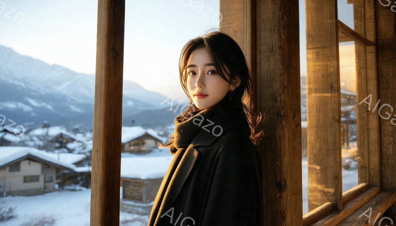 黒いコートを着た若い女性が、木の枠の窓に寄りかかって立っている。彼女は暗い髪を肩にかけ、穏やかな表情でカメラを見つめている。背景には雪に覆われた家々と山々が広がり、冬の静かで穏やかな雰囲気が漂っている。