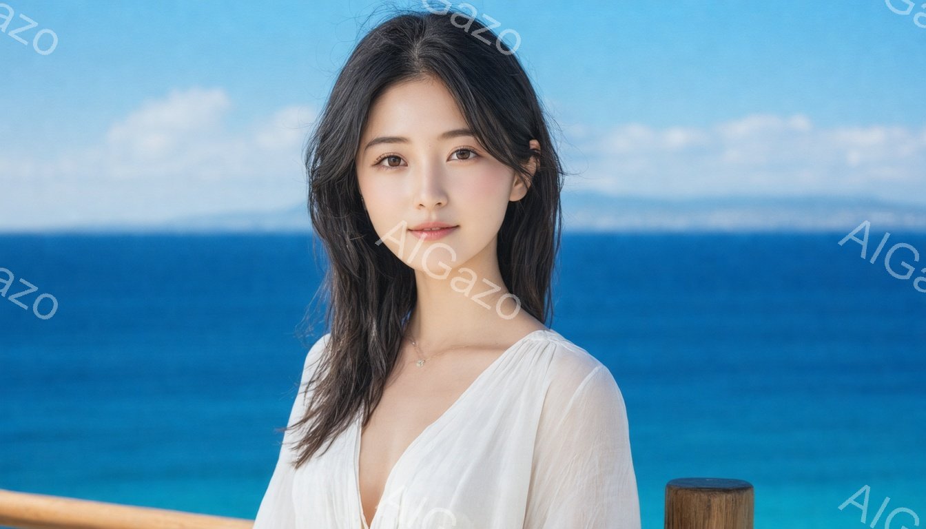 長い黒髪を肩にかける女性が、白いVネックのブラウスを着ています。穏やかな微笑みを浮かべ、リラックスした表情で正面を見つめています。背景には、青い海と遠くの山々が広がり、晴天で穏やかな雰囲気が漂っていま - AI生成フリー素材