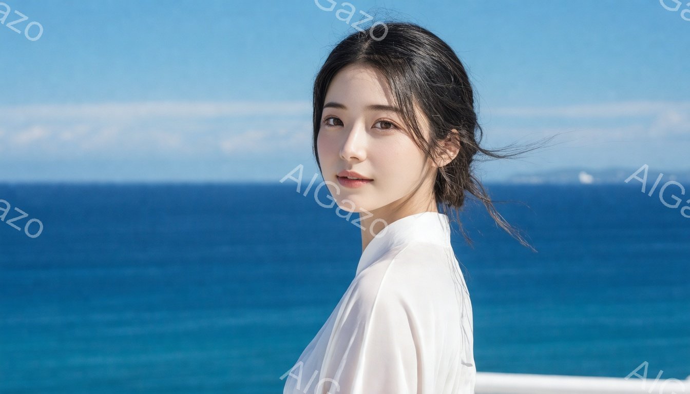 長い黒髪を後ろでまとめた女性が、白いブラウスを着て正面を見つめている。彼女の表情は穏やかで、少し微笑んでいるように見える。背景には、青い海と白いフェンス、そして遠くに見える陸地が広がっており、晴れた日の爽やかな雰囲気を醸し出している。