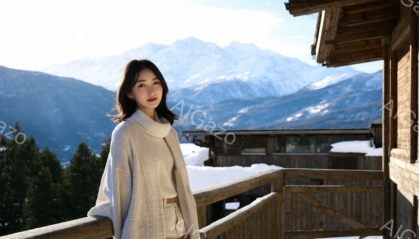 明るい茶色のニットカーディガンにベージュのパンツを合わせた女性が写っている。彼女は肩までの長さの黒髪で、穏やかな微笑みを浮かべている。背景には雪山が広がり、木造の建物と白く覆われた風景が広がり、冬の穏やかな雰囲気を醸し出している。