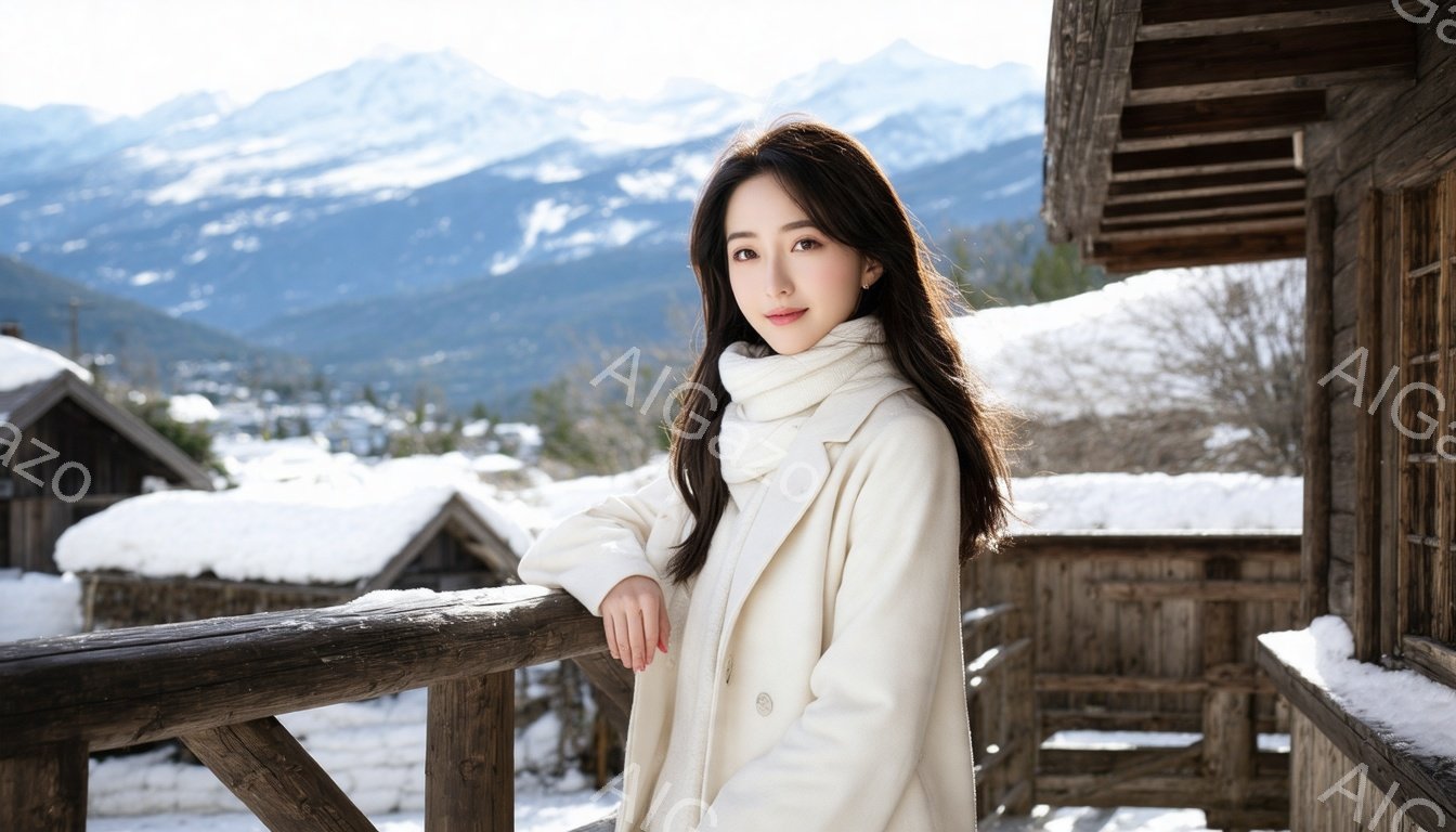 長い黒髪をなびかせ、白いオーバーサイズのコートを着た女性が写っている。彼女はバルコニーの手すりに寄りかかり、微笑みを浮かべている。背景には雪に覆われた家々と山々が広がり、冬の静かで穏やかな雰囲気を醸し出している。