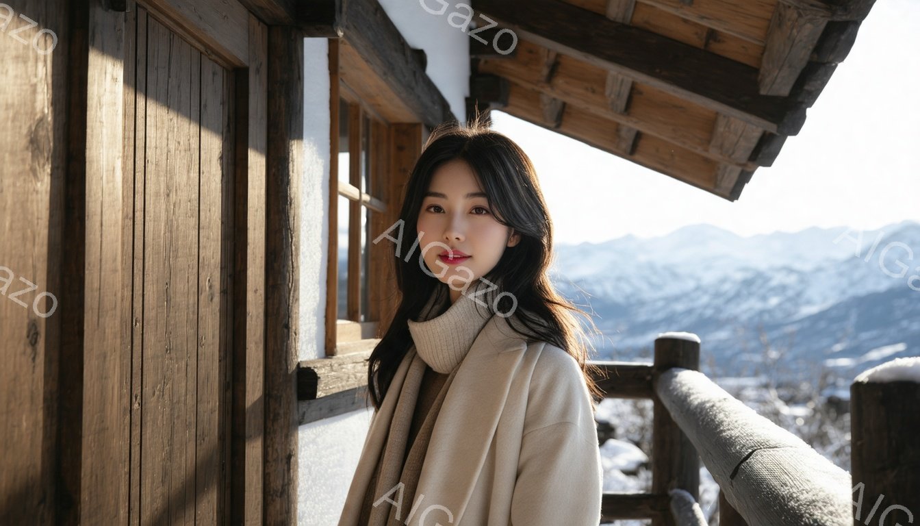 長い黒髪を無造作に垂らし、クリーム色のタートルネックセーターを羽織った女性が写っている。彼女はわずかに微笑み、落ち着いた表情でカメラを見つめている。背景には木製の外観を持つ建物と、雪を頂いた山々が広がり、冬の静かで穏やかな雰囲気を醸し出している。