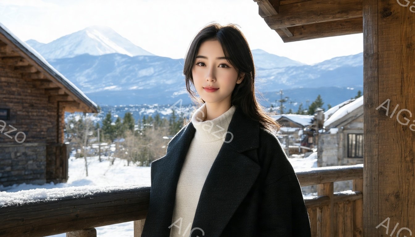 長い黒髪の女性が、白いセーターと黒いコートを着て、バルコニーに立っている。彼女は微笑んでおり、穏やかな表情をしている。背景には雪に覆われた山々と建物が見え、冬の静かで美しい景色が広がっている。