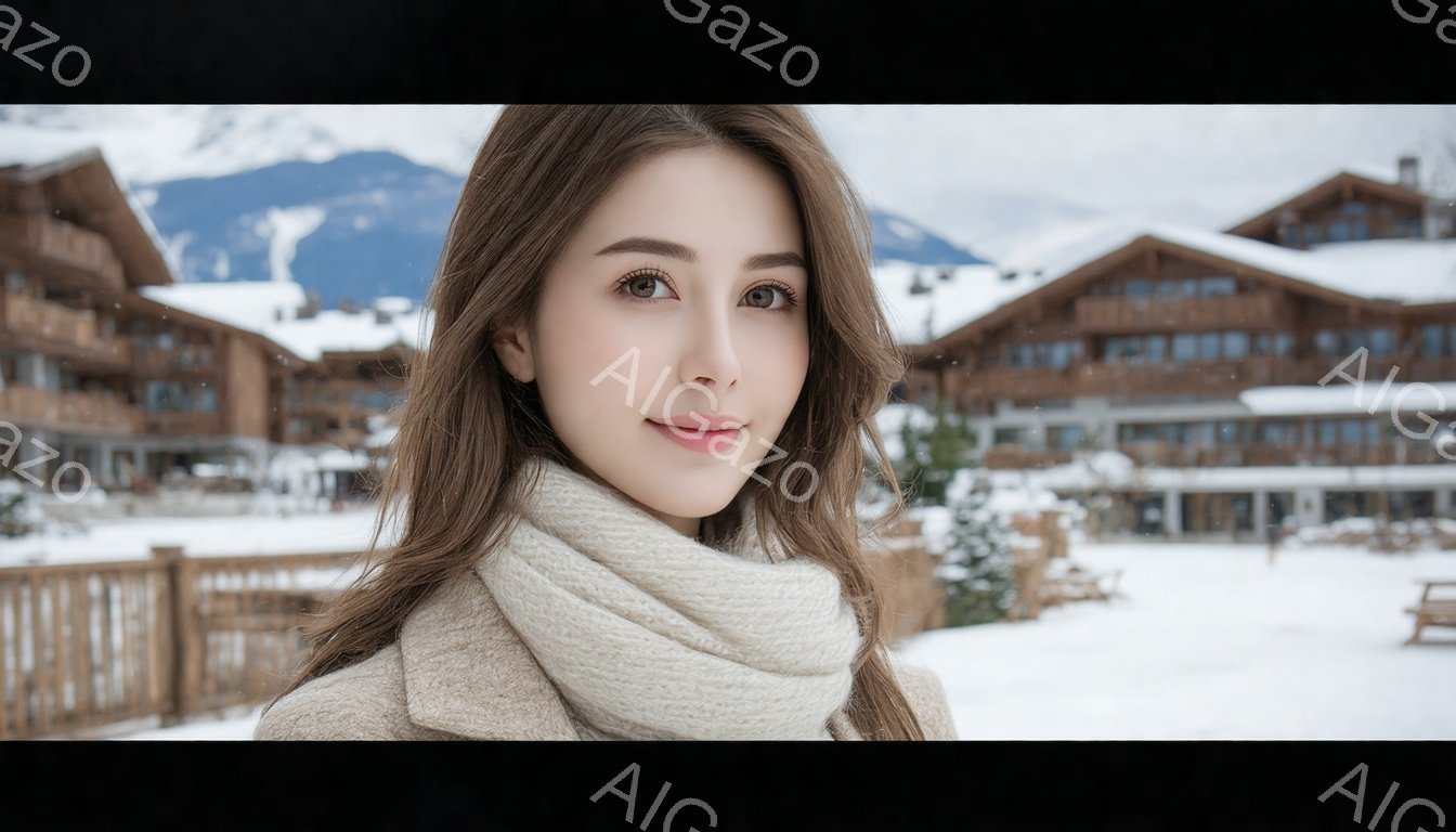 長い茶色の髪を肩にかかるように下ろし、白い柔らかいスカーフを首に巻いた若い女性が写っています。彼女は微笑んでおり、穏やかで親しみやすい表情をしています。背景には雪景色が広がり、白い屋根の建物が並び、冬のリゾート地を思わせる雰囲気です。