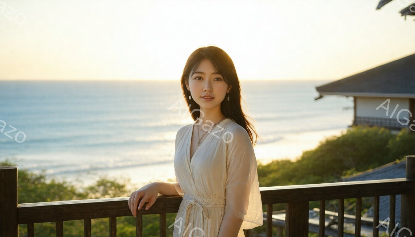長い黒髪を後ろに流し、クリーム色のゆったりとしたワンピースを着た女性が写っている。彼女はバルコニーの手すりに寄りかかり、穏やかな微笑みを浮かべている。背景には青い海と緑の植生が広がり、夕暮れ時の柔らか - AI生成フリー素材