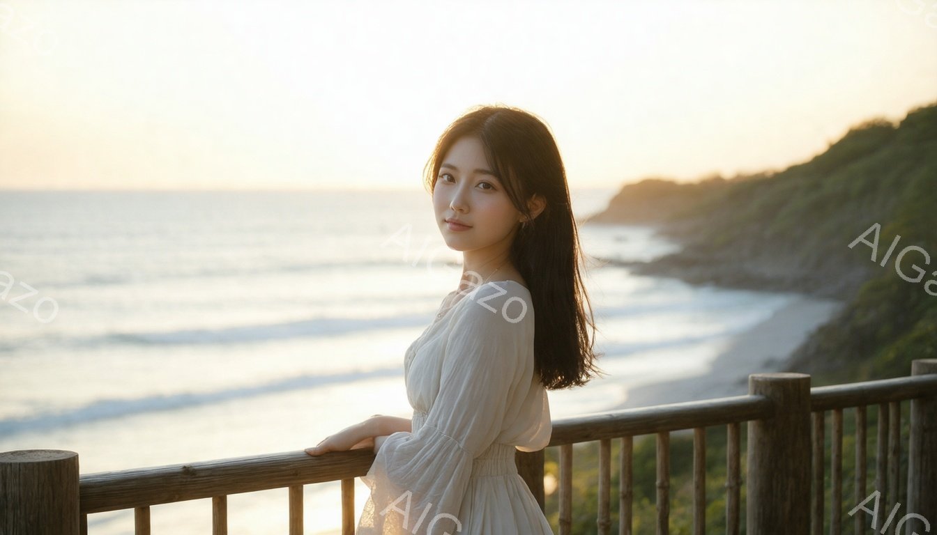 長い黒髪を肩にかかるように下ろし、白いブラウスのような服を着た若い女性が写っている。彼女は柵にもたれて少し微笑んでおり、穏やかで優しい表情をしている。背景には青い海と緑豊かな崖が広がり、夕暮れ時の暖か - AI生成フリー素材