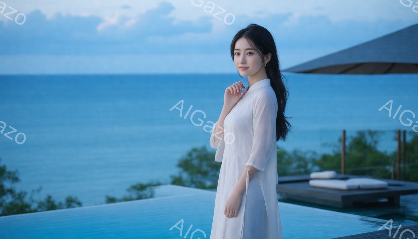長い黒髪を後ろに垂らし、白い透け感のあるロングドレスを着た女性が立っている。彼女はわずかに微笑み、片手を少し上げてポーズを取っている。背景には、澄んだ青い海と緑豊かな植物、そしてプールと日光浴用のデッ - AI生成フリー素材