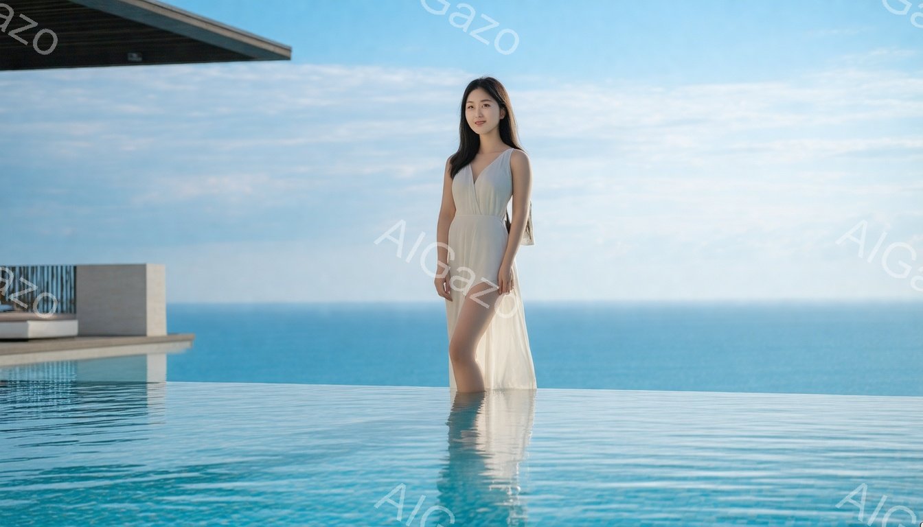 長い白いワンピースを着た女性が、インフィニティプールの中で立っている。彼女は微笑んでおり、自然な髪は肩にかかっている。背景には、鮮やかな青色の海と晴れた空が広がり、リゾートの優雅さと静けさが感じられる。