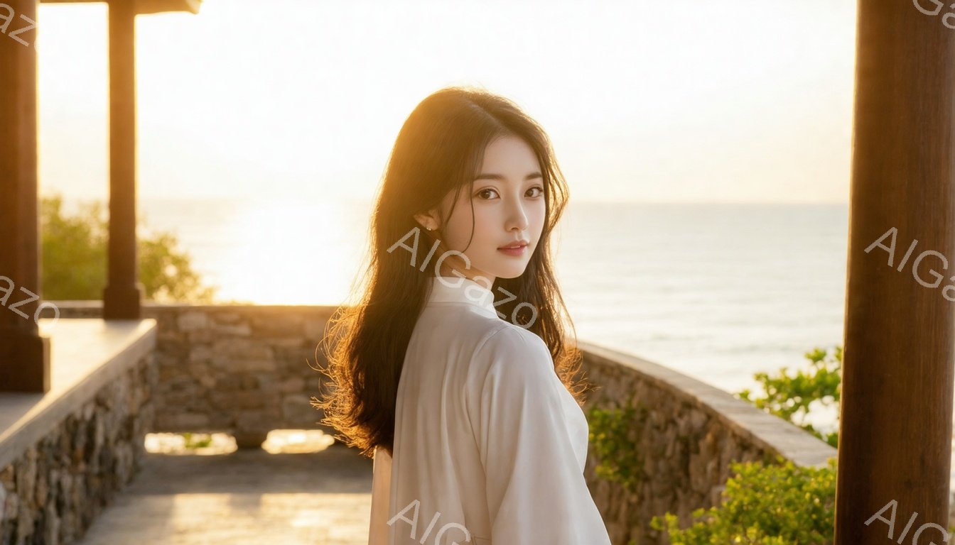 長い黒髪をなびかせ、白いシャツを着た女性が、石造りの壁の前に立っている。彼女は少し振り返り、穏やかな微笑みを浮かべており、背景には穏やかな海と夕焼け空が広がり、暖かい雰囲気を作り出している。木製の柱がフレームの一部となり、美しい光と影のコントラストを生み出している。