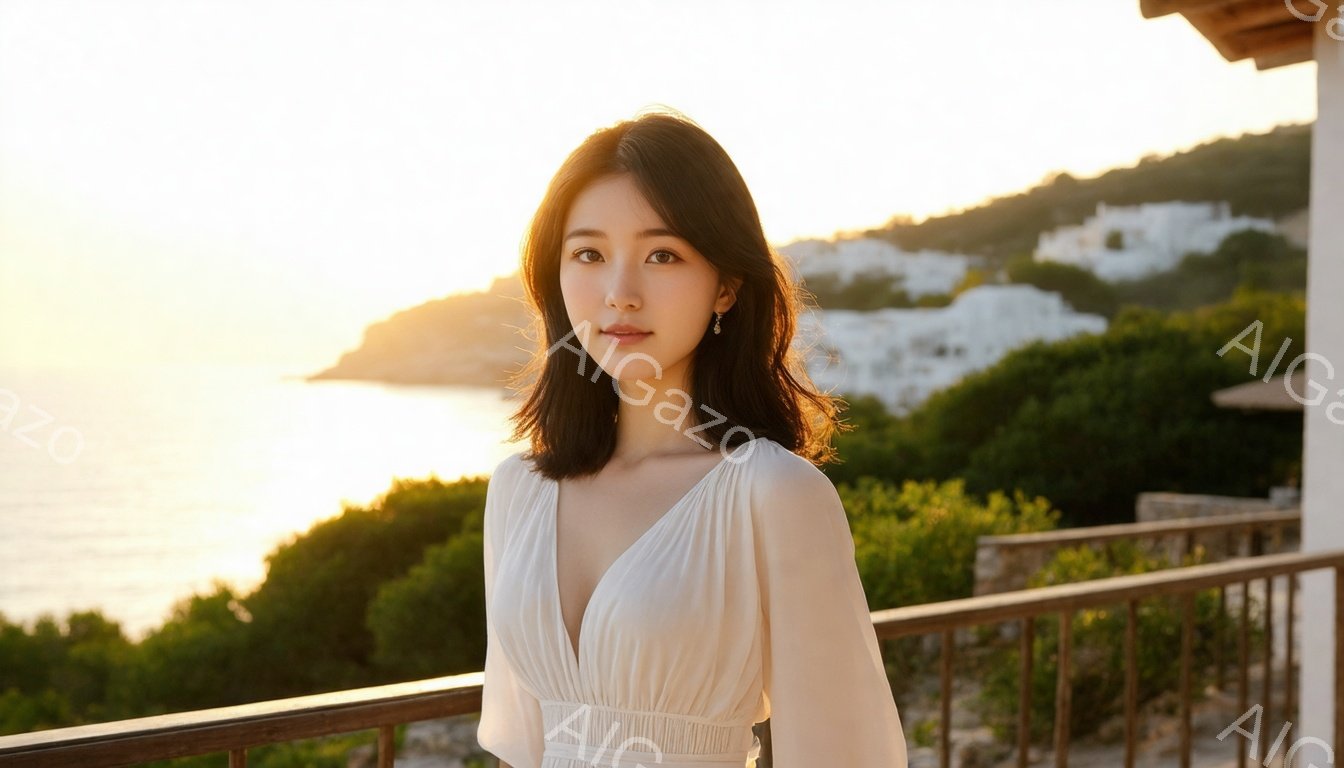 浅いVネックの白いドレスを着た若い女性が、穏やかな表情でこちらを見ている。彼女は肩まで伸びた黒髪で、わずかに微笑んでいる。背景には青い海と白い建物が広がり、夕日のような暖かい光が全体を包み込み、穏やか - AI生成フリー素材