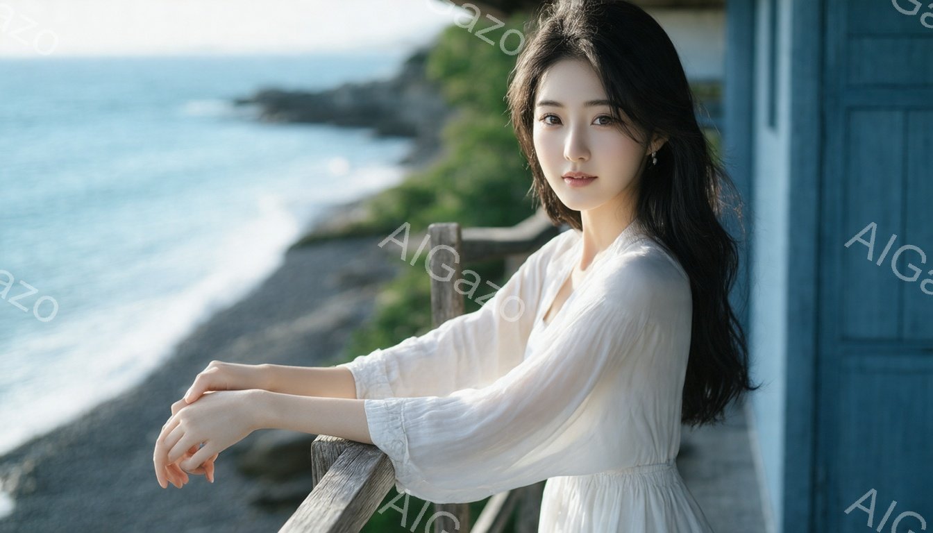長い黒髪をなびかせた女性が、白いブラウスのようなトップスを着て、欄干に肘をついて立っている。彼女は穏やかな表情で、背景には青い海と緑豊かな海岸線が広がり、晴れた日の穏やかな雰囲気を醸し出している。手すりと青い壁がアクセントになっており、全体的に柔らかく優しい印象を与える。