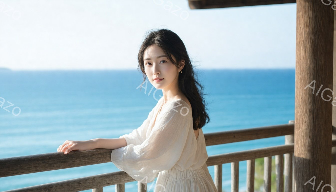 長い黒髪の女性が、オフホワイトのゆったりとしたワンピースを着て、バルコニーの手すりに寄りかかっている。彼女は穏やかな微笑みを浮かべ、耳には小さなゴールドのイヤリングをつけている。背景には、ターコイズブ - AI生成フリー素材