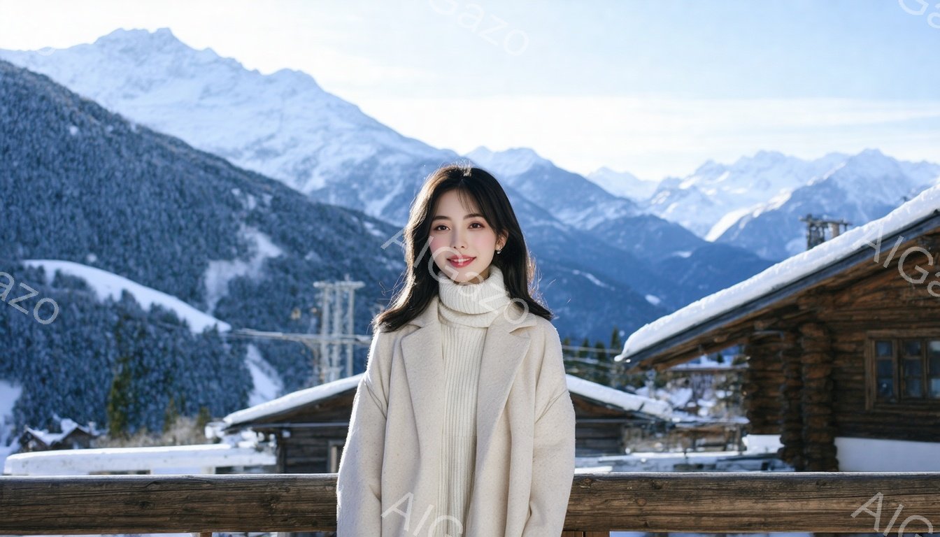 長い黒髪をなびかせ、クリーム色のゆったりとしたセーターを着た若い女性が写っている。彼女は穏やかな微笑みを浮かべ、雪山と木造建築を背景にリラックスした姿勢で柵にもたれている。背景には雪に覆われた山々が広 - AI生成フリー素材