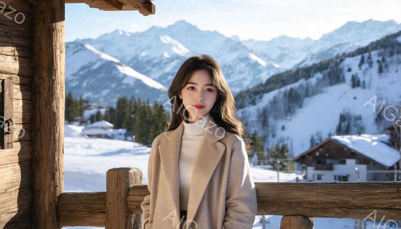長い髪をゆるくウェーブさせた女性が、ベージュ色のコートと白いセーターを着て、バルコニーに立っている。彼女は穏やかな微笑みを浮かべ、冬の雪景色を背景にリラックスしたポーズをとっている。背景には雪に覆われた山々と木々、そして可愛らしい家々が広がり、静かで美しい冬の雰囲気を醸し出している。