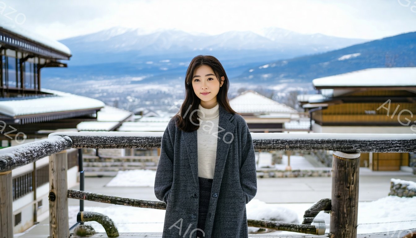 長い黒髪の女性が、グレーのコートと黒いスカートを着て、木の柵の前で立っている。彼女は穏やかな表情で、カメラの方を向いている。背景には、雪に覆われた建物や山々が広がり、冬の静かな雰囲気を醸し出している。
