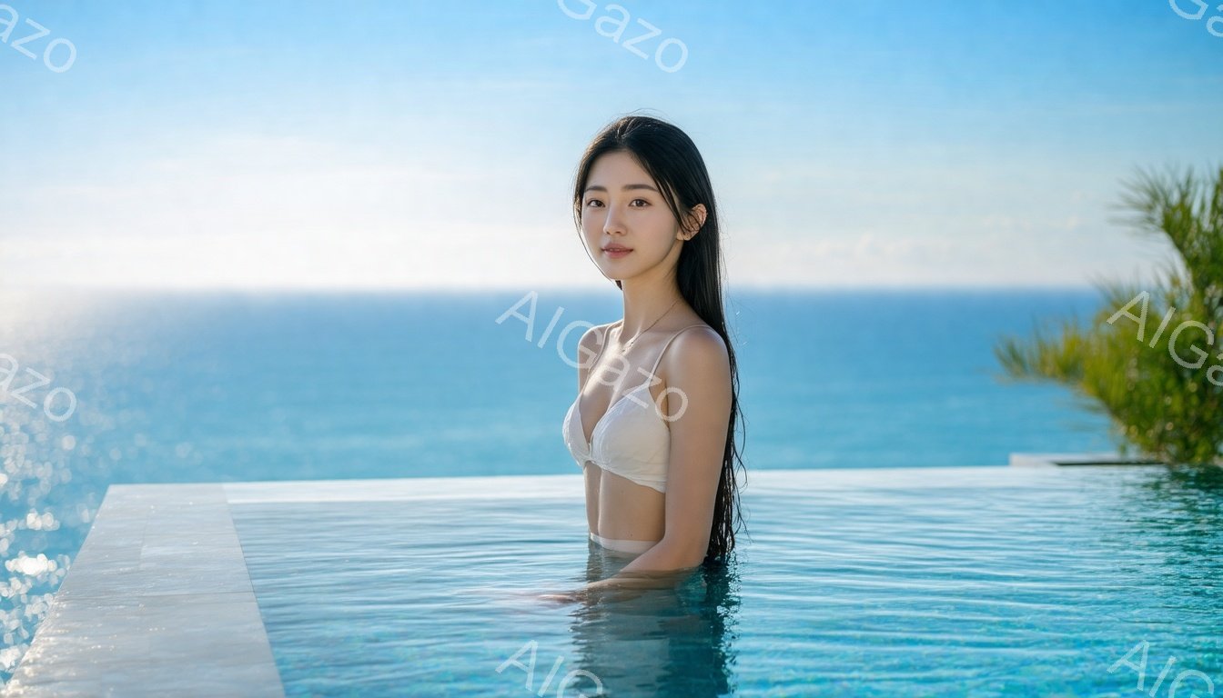 長い黒髪を濡らし、白いビキニトップを着た若い女性が、エッジの効いたインフィニティプールの中で立っている。彼女はカメラに向かって微笑んでおり、リラックスした雰囲気を醸し出している。背景には青い海と緑の植物が見え、晴れた日差しが差し込み、穏やかで贅沢な雰囲気を演出している。