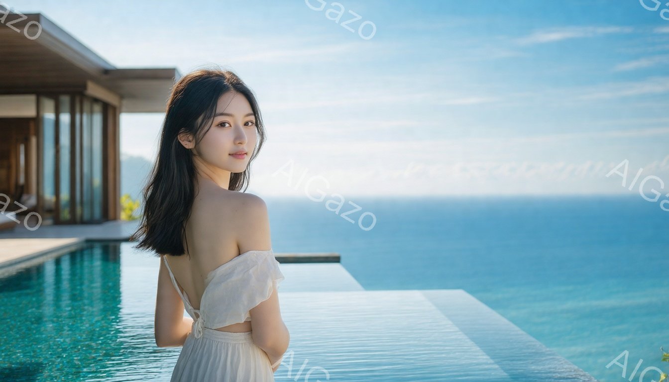 長い黒髪を肩にかける女性が、紺碧の海を背景にプールサイドに立っている。オフショルダーの白いワンピースを着ており、後ろ姿は優雅でリラックスした雰囲気を醸し出している。晴天の下、モダンな建物と澄んだ青い海 - AI生成フリー素材