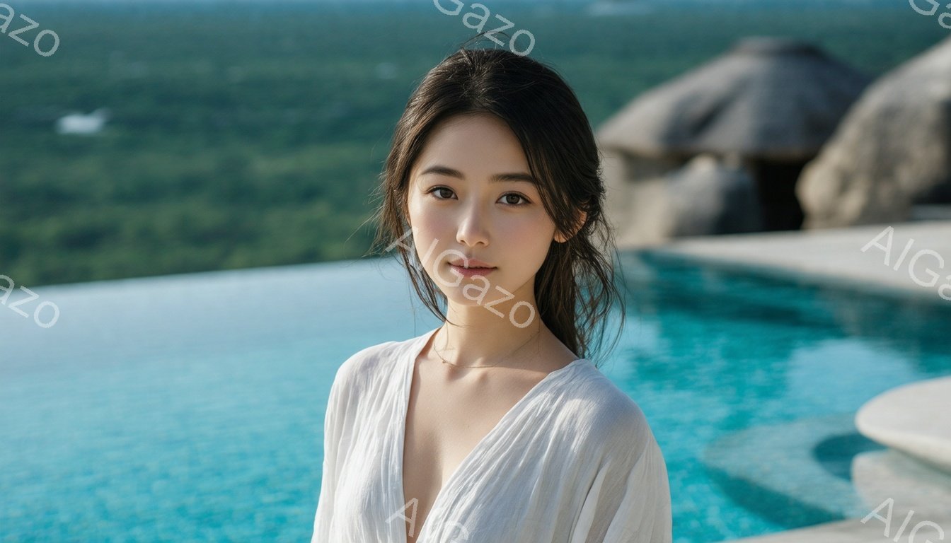 長い黒髪を無造作にまとめ、白いゆったりとしたワンピースを着た女性が写っている。彼女は穏やかな微笑みを浮かべ、カメラの方をまっすぐ見つめている。背景にはターコイズブルーのプールと緑豊かな風景が広がり、リ - AI生成フリー素材