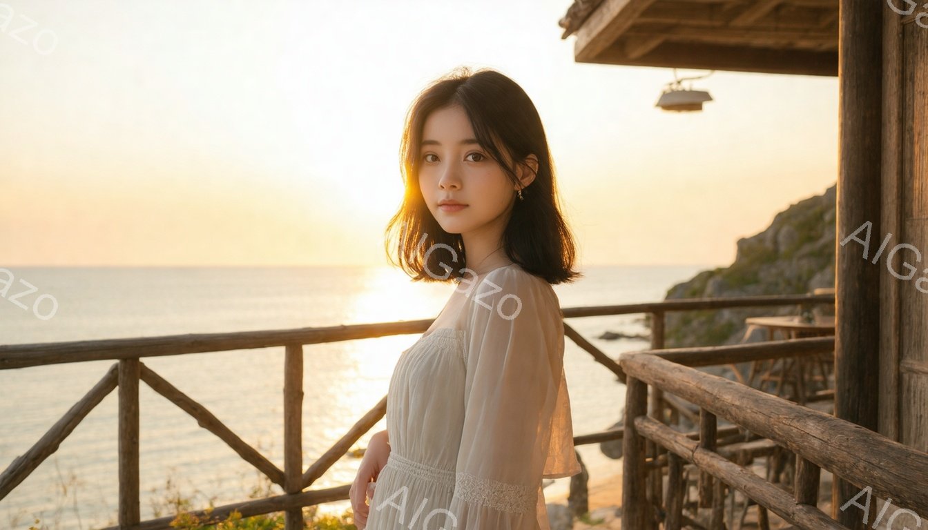 明るい日差しの中で、女性が白いレースのワンピースを着て微笑んでいます。彼女は肩までの長さの黒髪で、控えめなイヤリングをつけています。背景には青い海と崖、そして木製の柵があり、夕焼けのような暖かく穏やかな雰囲気が漂っています。