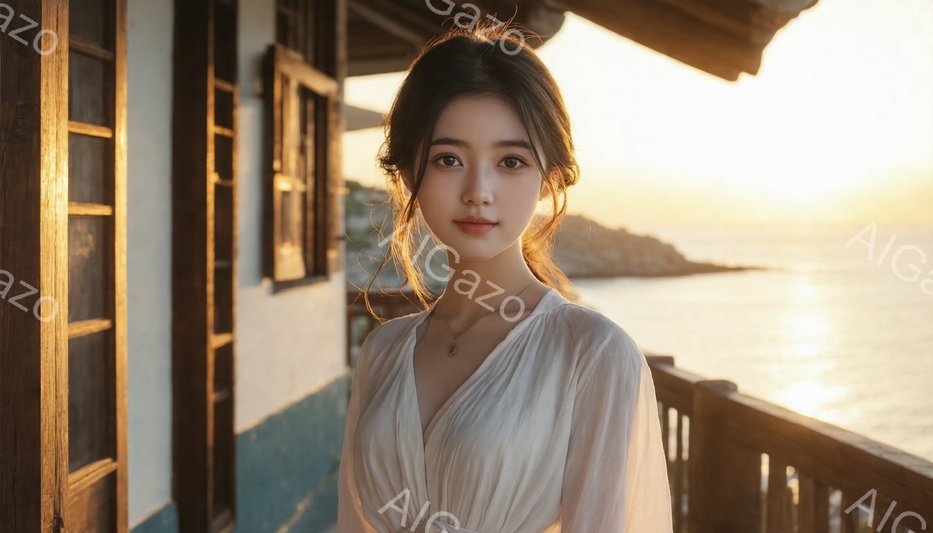 長い髪をゆるく巻いた若い女性が、白いVネックのワンピースを着て立っている。彼女は穏やかな表情で、わずかに微笑んでいるように見える。背景には青い海と夕焼けの空が広がり、木製のバルコニーが女性の周りを囲ん - AI生成フリー素材