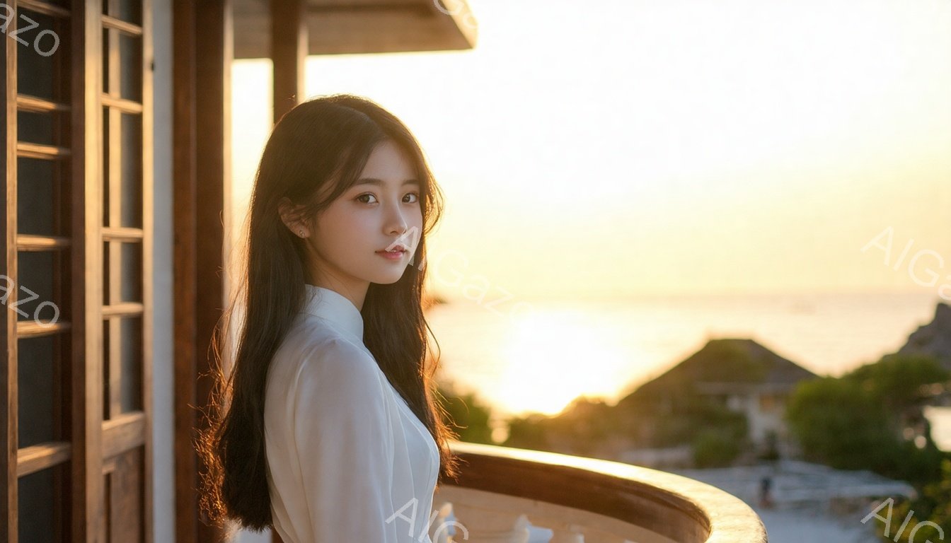 長い黒髪をなびかせた女性が、白いブラウスを着てバルコニーに立っている。彼女はわずかに微笑み、遠くの海と夕焼けを見つめているようだ。背景には、茅葺屋根の建物や緑豊かな自然が広がり、穏やかで暖かい雰囲気を - AI生成フリー素材