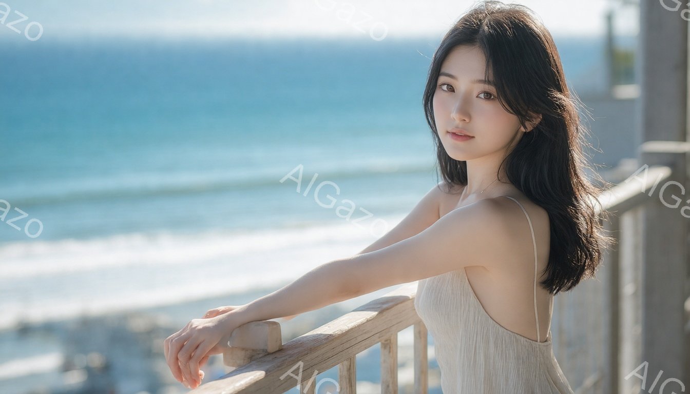 黒髪の女性が、肩出しのベージュ色のワンピースを着て、海を見下ろすバルコニーの手すりに寄りかかっています。彼女は軽く微笑み、リラックスした表情で、日差しの中で髪が輝いています。背景には青い海と白い波が広 - AI生成フリー素材