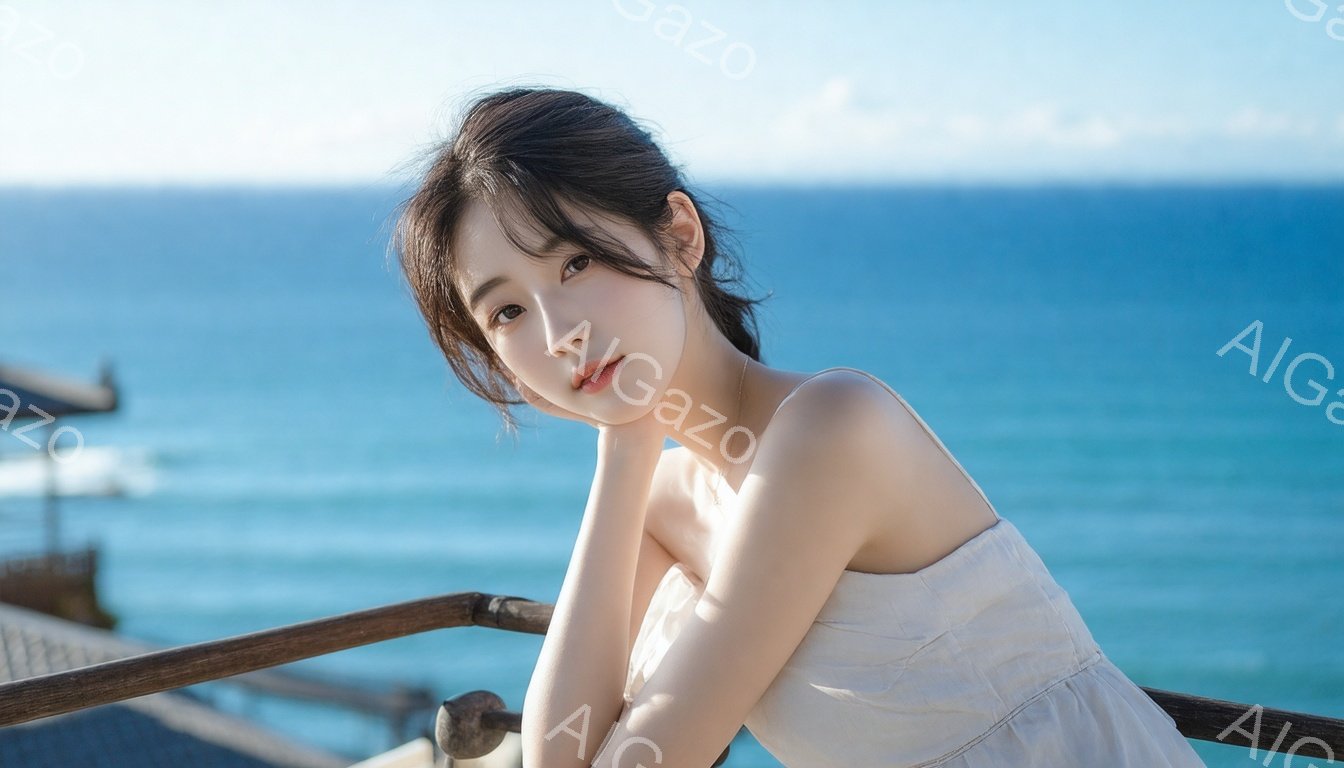 長い黒髪を後ろで一つにまとめた若い女性が、オフショルダーの白いワンピースを着て、欄干に肘をついてポーズをとっています。彼女は微笑んでおり、穏やかで優しい表情をしています。背景には青い海と空が広がり、晴 - AI生成フリー素材