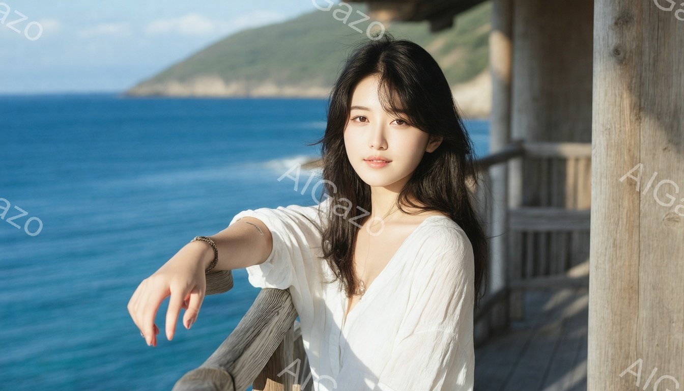 長い黒髪の女性が、白いブラウスを着て木製の柵にもたれかかっています。彼女はわずかに微笑んでおり、リラックスした表情をしています。背景には青い海と緑豊かな山々が広がり、晴れた日の穏やかな雰囲気を醸し出しています。