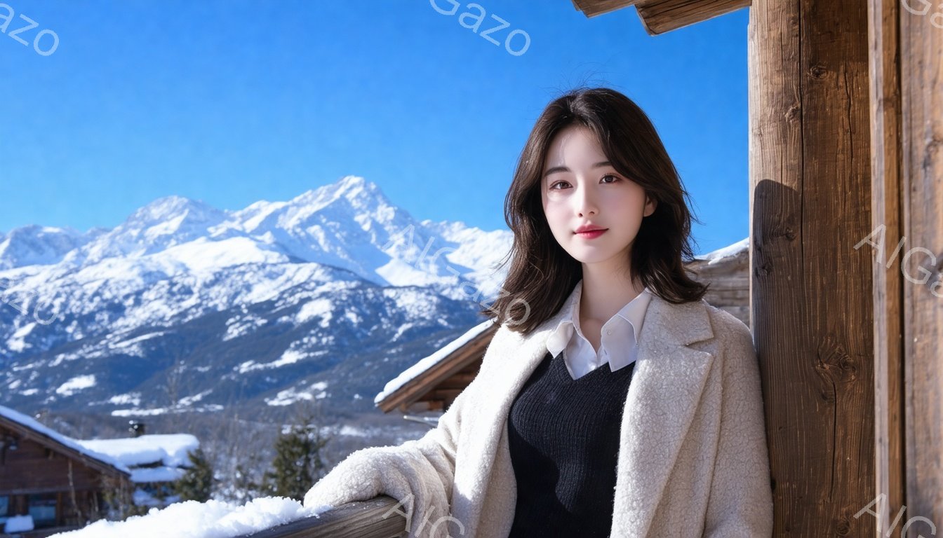 長いダークブラウンのヘアスタイルをした若い女性が、白いコートと黒いセーターを着て、バルコニーに寄りかかっています。彼女は微笑んでおり、背景には雪を頂いた山々が広がり、冬の穏やかな雰囲気を醸し出しています。木製のバルコニーや遠くに見える建物からも、雪景色の中の静かで暖かい空間であることがわかります。