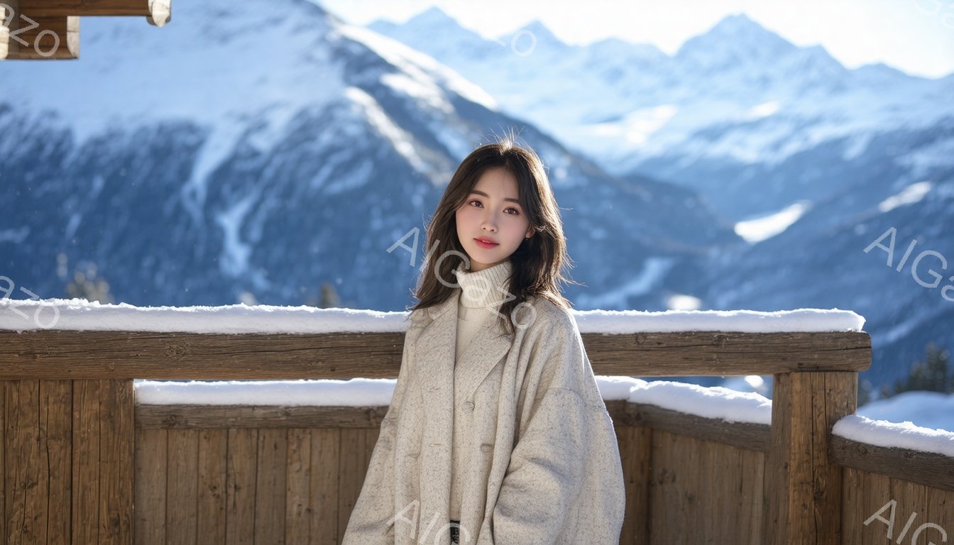 長いダークブラウンの髪を肩にかける女性が、木製の柵の前で立っています。彼女はオフホワイトのオーバーサイズのセーターを着ており、穏やかな微笑みを浮かべています。背景には雪に覆われた山々が広がり、晴れた冬 - AI生成フリー素材