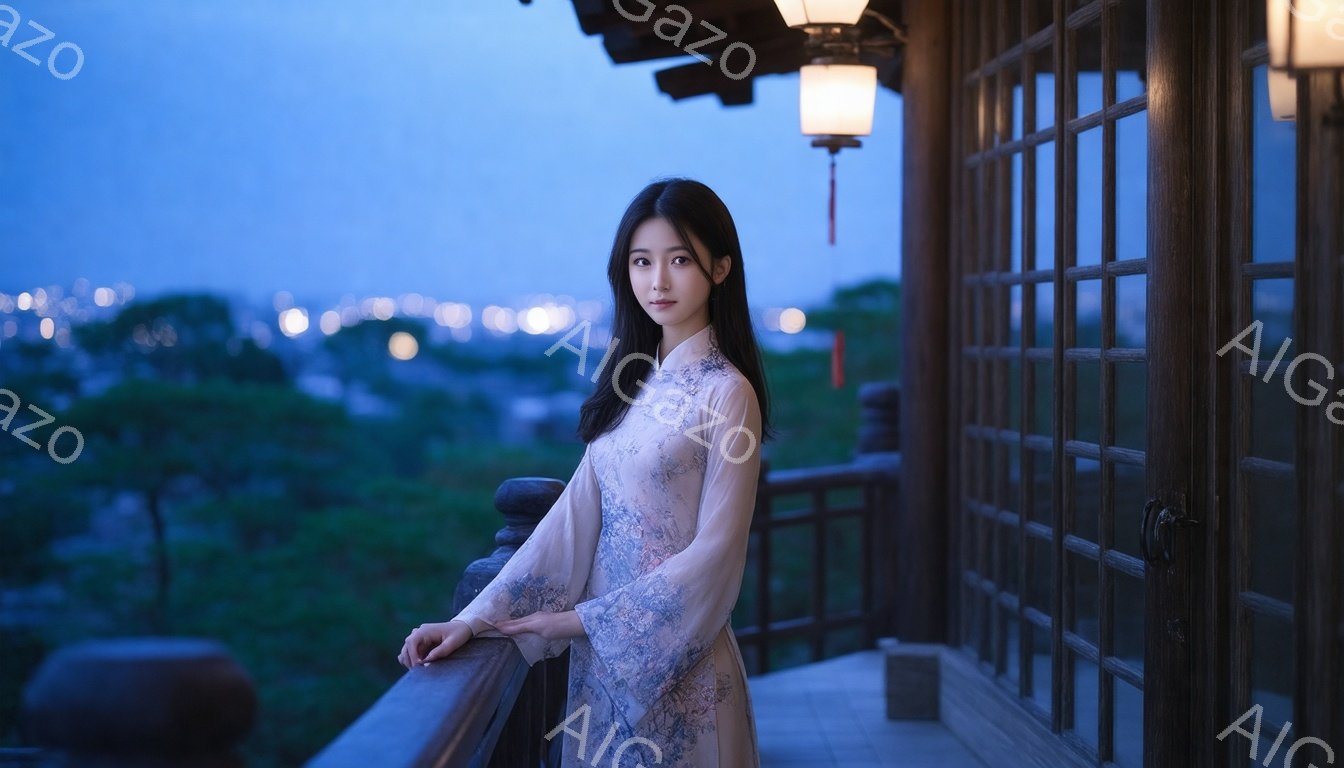 長い黒髪の女性が、淡いクリーム色の水玉模様のチャイナドレス（アオダイ）を着てバルコニーに立っている。彼女は穏やかな微笑みを浮かべ、手は欄干に軽く添えられている。背景には夜景が広がり、緑豊かな木々と光る - AI生成フリー素材