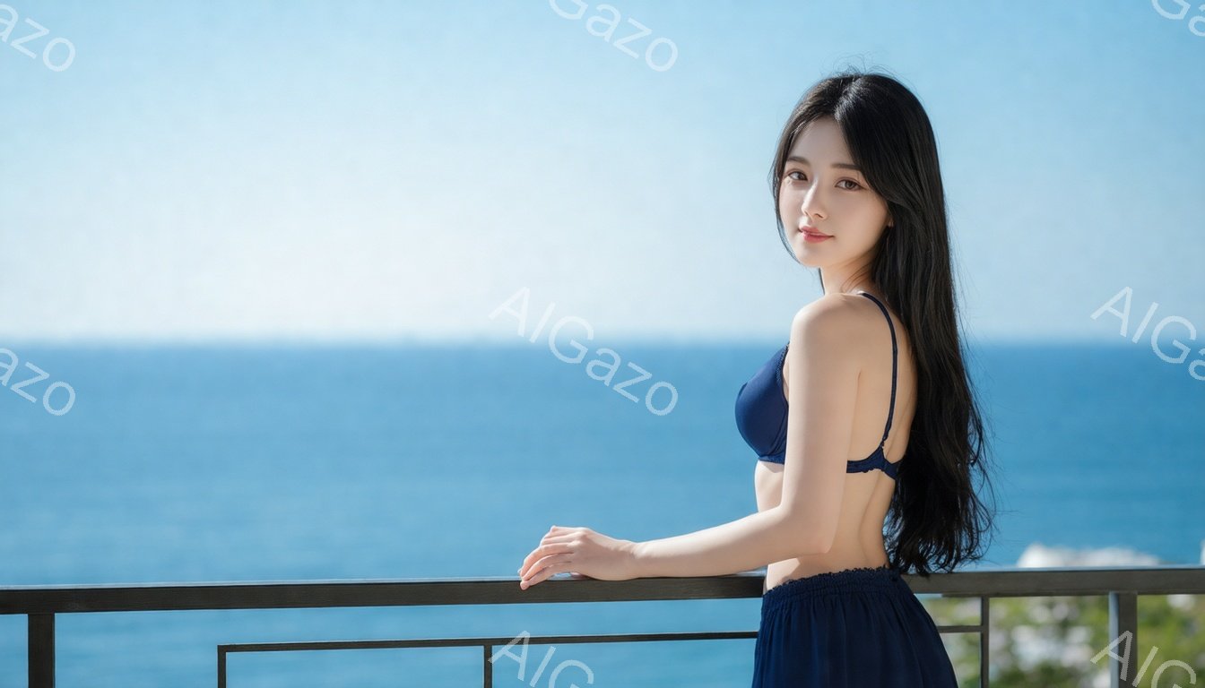 長い黒髪を後ろに流した女性が、紺色のビキニトップスとスカートを身につけ、バルコニーの手すりに寄りかかっています。彼女はカメラに向かって微笑んでおり、リラックスした雰囲気を漂わせています。背景には青い海 - AI生成フリー素材