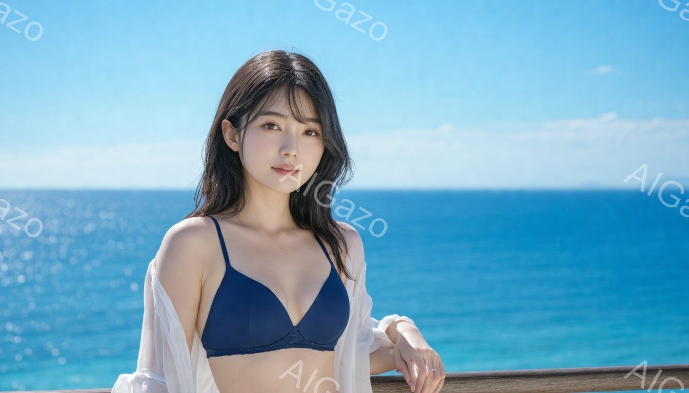 長い黒髪の女性が、紺色のブラと白いシースルーのシャツを着て、バルコニーの手すりに寄りかかっています。彼女は穏やかな表情で、わずかに微笑んでおり、リラックスした雰囲気を醸し出しています。背景には、青く輝 - AI生成フリー素材