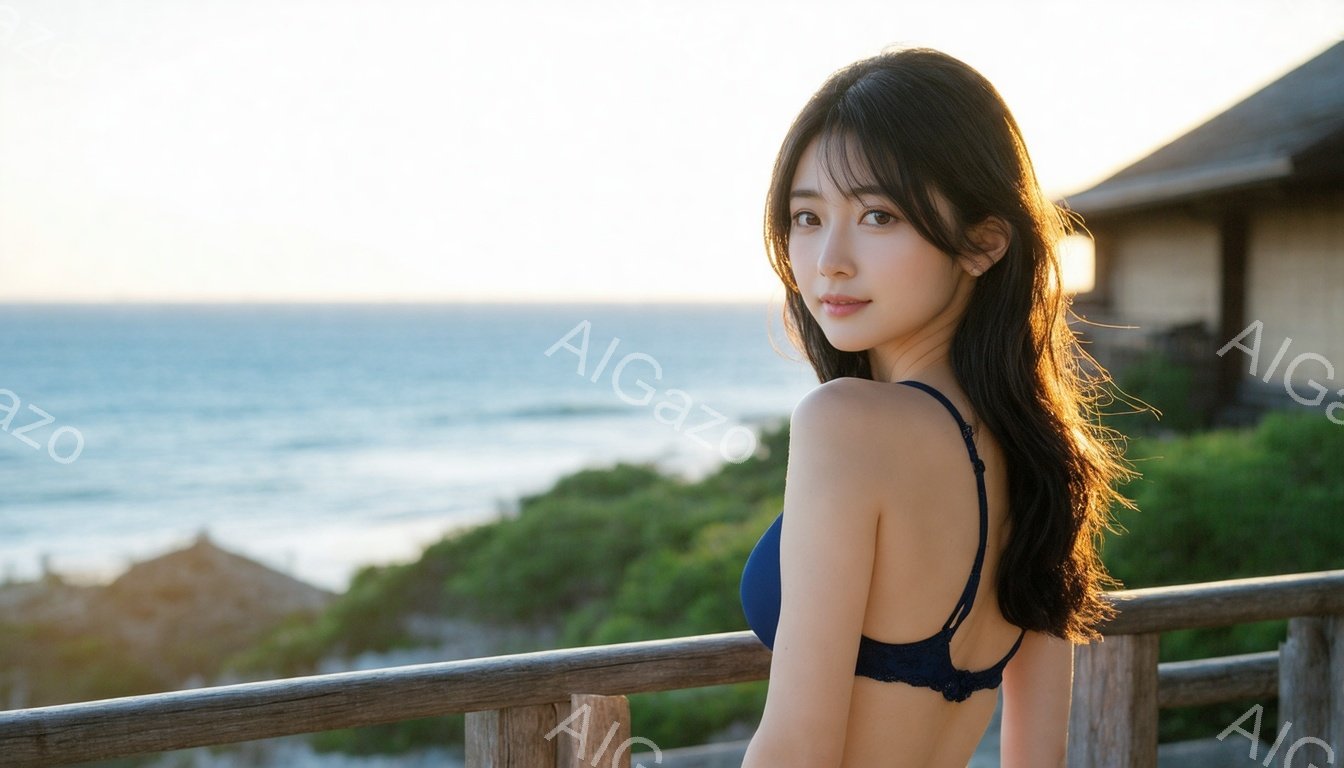 長い黒髪の女性が、紺色のレースのブラレットを着て、木の柵にもたれかかっている。彼女は正面を見つめ、わずかに微笑んでいる。背景には青い海と緑の植物、そして伝統的な日本の屋根の建物が見え、夕暮れ時の穏やか - AI生成フリー素材