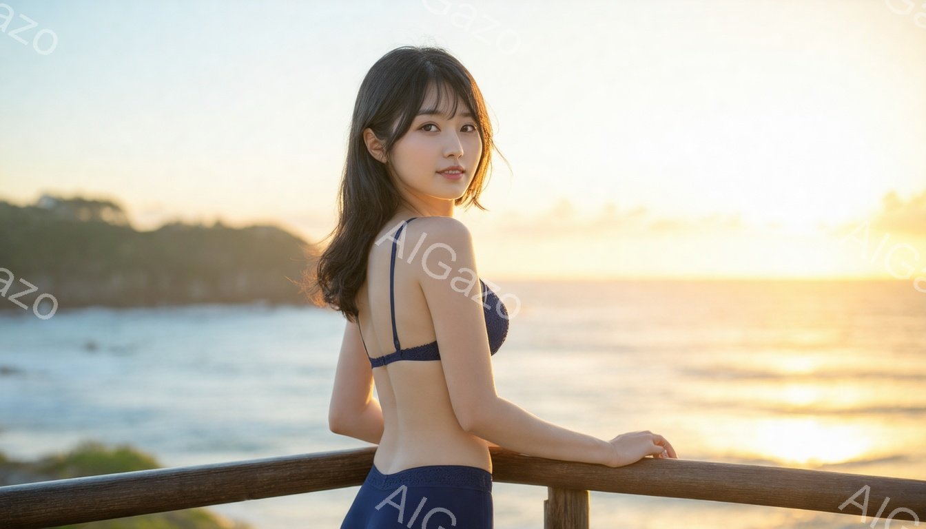 長い黒髪を肩で分けている女性が、青いビキニを着て、柵にもたれて振り返っている。彼女は微笑んでおり、肌は健康的な小麦色をしている。背景は夕焼けの海で、波が穏やかに打ち寄せ、暖かくロマンチックな雰囲気を醸し出している。
